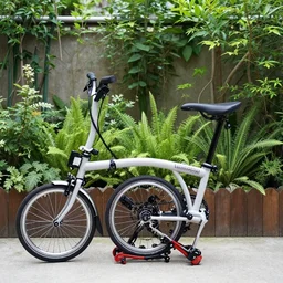 a uk folded brompton bike in a garden, by takato yamamoto