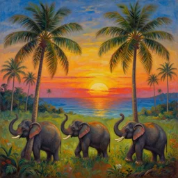 psychedelic surreal oil painting of a sri lankan landscape at sunset, coconut trees morphing into elephants in the foreground, ocean sunset in the background, realistic oil painting by gustave dore