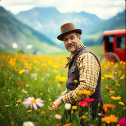 kodak portra 4 0 0, wetplate, muted colours, blueberry, 1 9 2 0 s style, long shot, macro photo of a colourful 1 9 2 0 s coachman posing in a beautiful flower meadow in the bavarian alps, mountain panorama, motion blur, tiny gaussian blur, depth of field