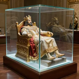a beautiful tomb consists of a completely transparent glass cube in which the king's body has been perfectly preserved dressed in all his regal finery. there is no decay or blemish. his body is frozen in time and his body can clearly be seen by all sitting on his throne as perfect as in life. the display is beautiful and elegant and ornate