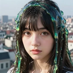 portrait of a girl with slime hair by yusuke murata and masakazu katsura, artstation, highly - detailed, cgsociety, city in the background, detailed face