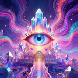 cosmic third eye, magical crystal temple, psychedelic waves radiating, bright neon colors, highly detailed, cinematic, hiroo isono, eyvind earle, philippe druillet, roger dean, lisa frank, aubrey beardsley, ernst haeckel