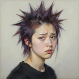 A young woman with dyed hair hair looking disgusted away from the camera, Punk, Portrait by Noriyoshi Ohrai, rendered in octane, oil on canvas
