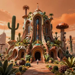 hyperrealistic hyper detailed wide shot of low brow futuristic bio colony with organic architecture and carnivorous plants matte painting concept art key sage jeff koons very dramatic orange lighting low angle hd 8k sharp shallow depth of field