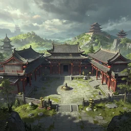 ancient chinese courtyard on hill cyberpunk by greg rutkowski and thomas kinkade, trending on artstation