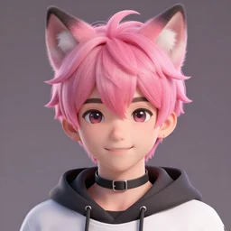 a beautiful half body portrait of a cute male with pink hair and pink wolf ears. smiling.. big eyes. black collar. hoodie. character design by cory loftis, fenghua zhong, ryohei hase, ismail inceoglu and ruan jia. volumetric light, detailed, rendered in octane