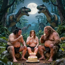 photo, three hairy neanderthal people, sumo japanese, emma!! watson!! sitting among them, eating outside, surrounded by dinosaurs!, gigantic forest trees, sitting on rocks, bright moon, birthday cake on the ground, front view