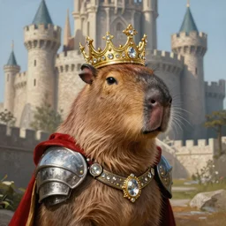 detailed photorealistic painting of a capybara, wearing a highly detailed ornamented gold crown with diamonds, in a medieval knight armor with red cape, standing in front of a highly detailed castle, sharp focus in the style of ruan jia, Mandy jurgens, cinematic light, concept art, trending on artstation, ultra realistic