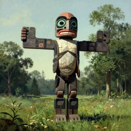 fantasy artwork of a dwayne johnson totem in an open field surrounded by trees, frank frazetta, edward hopper, banksy