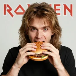 eddie from iron maiden eating a hamburger