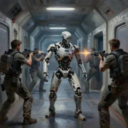 a damaged cyborg in a shootout with boarders in the corridors of a gleaming space ship with battle - torn walls, wide shot, oil paint