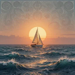 [ palate ] [ muted colors ] alien sun setting over psychedelic ocean waves, sailboat in rough seas, paisley skies, backlit, sunrise, refracted lighting, outdoors, paisley patterned clouds in the sky, elegant, 8 k resolution, intricate and fine details, award wining composition, photorealistic illustration, artstation, krenz cushart, mario martinez, alphonse mucha