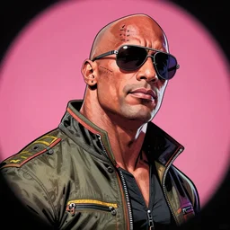 hyper detailed comic illustration of a cyberpunk Dwayne Johnson  wearing a futuristic sunglasses and a gorpcore jacket, markings on his face, by Android Jones intricate details, vibrant, solid background, low angle fish eye lens