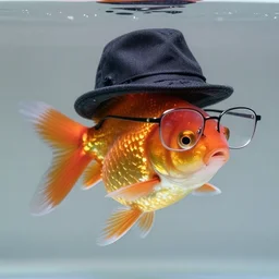 realistic portrait photography of a goldfish with a hat on his head and wearing glasses, high resolution, realistic, hdr, trending on artstation
