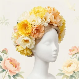 beautiful hairpiece made of yellow, cream, light orange and ivory flowers, peonies, illustrated by james jean and jeremy lipking, pastel colors,