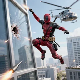 Deadpool leaps off militarily helicopter firing missiles and smashes through high rise window, explosions, by Tim Miller