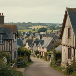 artwork of the cinematic view of normandy with half - timbered houses in by marc davis, landscape, wide angle, depth of field, trending on artstation, background