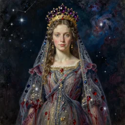 breathtaking detailed soft painting of full shot night queen with a golden headpiece, amethyst crown, gauze dress draped of blood and constellations and nebulae in the background, rembrandt style, elegant, highly detailed, artstation, concept art, matte, sharp focus, art by tom bagshaw, seb mckinnon and greg rutkowski