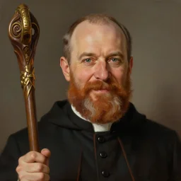 A handsome portrait painting of middle aged cleric with a receding hairline and a ginger beard holding a staff, kind eyes, character art, concept art, character design, happy, cinematic, hyper detailed, matte painting, portrait, attractive face, Bayard Wu, Greg Rutkowski, Cedric Peyravernay, Anato Finnstark, artstation, 8k