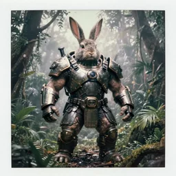 by military archive!! full shot!!!!! muscular! big chest!! rabbit armored sci - fi hulked oversized rabbit barbarian, fog, in deep jungle forest jungle, overcast!!! cinematic focus, polaroid photo, vintage, neutral colors, soft lights, overcast, foggy, full shot by steve hanks, by serov valentin, by lisa yuskavage, by andrei tarkovsky