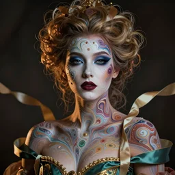 a portrait of a queen with body paint, half figure, fractal shapes, cinematic lighting, ribbons,
