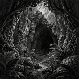 a beautiful pencil artwork of dark void in a lush humid prehistoric jungle cave, mountains, cosmic horror, vines, water, black leaves, lush flora, bright red stars, volumetric lighting, haze, 8 k