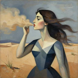 woman exhales the dry dessert air as the wind howls all around, abstract surrealistic art in the style of cubism and georgia o keefe