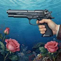 split faced person holding pistol and roses in a deep sea with intricate details by Sandra Chevrier with half image