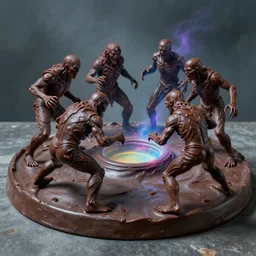 airbrushed the chocolate marzipan pox grotesques battling prismatic hell hoop on aged molds by kelly freas, geof darrow, alex ross, basil gogol fine art masterpiece baked at 3 0 0 f, matte painting, cold lighting, aged with sunlight, award winning horror, photorealistic render, cinematic