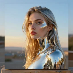girl, fantasy, painting, chrome, reflect, ultra realistic!!!, clear weather, golden hour, sharp focus