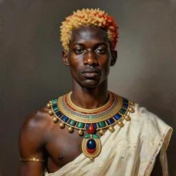 a professionally painted african male model , clothed in ancient street wear, dark skin, red gold hair, beautiful bone structure, big symmetrical scar features, stunningly, beautiful, intricate, elegant, digital painting, smooth, sharp focus, illustration, made by, Jacob Lawrence, Sam Gilliam, Edmonia Lewis, Jean-Michel Basquiat