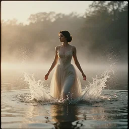 symmetry!! a 2 8 mm macro photo of a woman in a formal gown emerging from a lake, misty, morning, splash art, movie still, bokeh, canon 5 0 mm, cinematic lighting, dramatic, film, photography, golden hour, depth of field, award - winning, anamorphic lens flare, 8 k, hyper detailed, 3 5 mm film grain