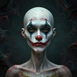 centered detailed portrait of a sad clown identical eyes, fantasy, illustration, slender symmetrical face and body, artstation, cinematic lighting, hyperdetailed, cgsociety, 8 k, high resolution, charlie bowater, tom bagshaw, single face, insanely detailed and intricate, octane render, dark fractal background, vfx, postprocessing, featured on artstation, well - rendered