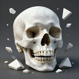 octane render of a skull made out of marble, breaking into many pieces