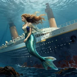 a mermaid on the wreck of the titanic, realistic
