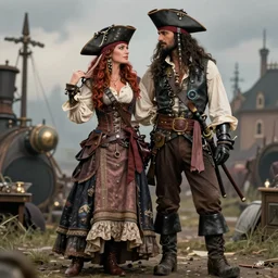 a fully clothed, armed, steampunk, long dress female pirate captain with her pirate boyfriend. couple. love. art by dean cornwell.