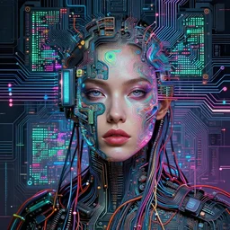 female cyberpunk portrait by cy Twombly and BASTIEN LECOUFFE DEHARME, highly detailed circuit boards, led display, iridescent fractal, integrated wiring, high tech, neon lights, artistic