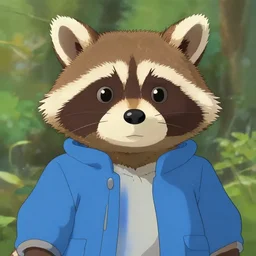 anthropomorphic racoon, chibby, male, blue jacket in the style of studio ghibli