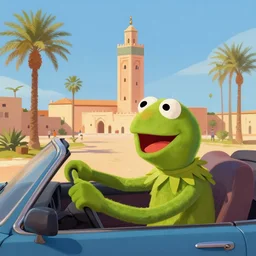 kermit driving a car, wlop, moroccan city, mosque, palm trees, redneck country, style in digital painting, concept art, smooth illustration, by ruan jia and mandy jurgens and william - adolphe bouguereau, artgerm