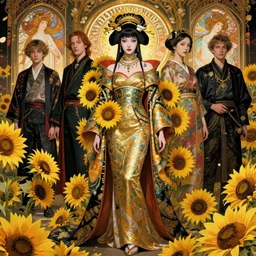 full body portrait of a beautiful cyberpunk geishan woman with chin lenght hair, beautiful symmetrical face, sunflowers, matsuri festival. fantasy, regal, by stanley artgerm lau, greg rutkowski, thomas kindkade, alphonse mucha, loish, norman rockwell.