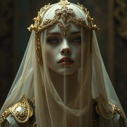 masterpiece ultrarealistic ultradetailed stefan gesell medium shot robot cyberpunk of catholic veiled, intricate, elegant, dramatic lighting, greg rutkowski, immerse, 2 3 th, special effects makeup, maximalist, glittering, gold, ivory, hyperreal, golden ratio, alphonse mucha
