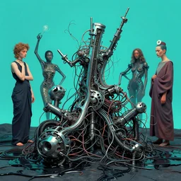 mechanical mitosis, chiaroscuro!!, solarpunk, hyperminimalism, flesh bound to metal, cables and wires, black oily ooze, hyperrealism, surrealism, realistic cyan shaded lighting, vibrant, by greg rutkowski and zdzisław beksinski and ilya kuvshinov and magali villeneuve