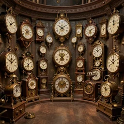 a circular common room full of antique clocks, high detail, steampunk, fantasy, mechanical, 4 k, trending on artstation