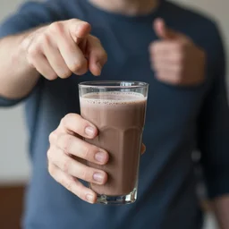 someone pointing at you while holding a glass of chocolate milk