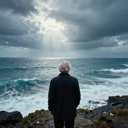 a famous mathematician, dramatic, paparazzi photography, perspective, on the shores of infinity, looking into the abyss, searching for an answer