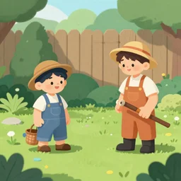 The two hairy gardeners playing in the backyard, surrounded by nature vegetation, nature, nature plants, grass over growing bushes, natural features, garden variety plants, garden trees, grass over growing bushes,