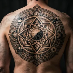 intricate, lots of parts, high detail, sacred geometry tattoo, professional photography