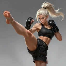 a highly detailed illustration of fierce ponytail platinum blonde woman wearing black mma gear and gloves, dramatic muay thai kick stance pose, fairly muscular, athletic, intricate, elegant, highly detailed, centered, digital painting, artstation, concept art, smooth, sharp focus, league of legends concept art, WLOP