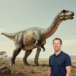 vintage color photograph of mark zuckerberg with dinosaur diplodocus