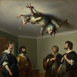 neoclassical portrait of a strange creature crawling on the living room ceiling, by jacques - louis david, by greg rutkowski, by zdzisław beksinski, by josep tapiro baro, by caravaggio, trending on artstation, featured on pixiv, masterpiece, oil on canvas, cinematic composition, dynamic beautiful lighting,